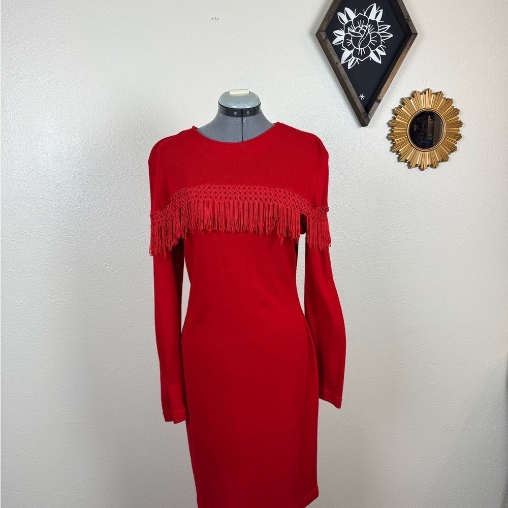Vintage Red Fringe Sweater Bodycon Dress Western Festival Long Sleeve USA‎